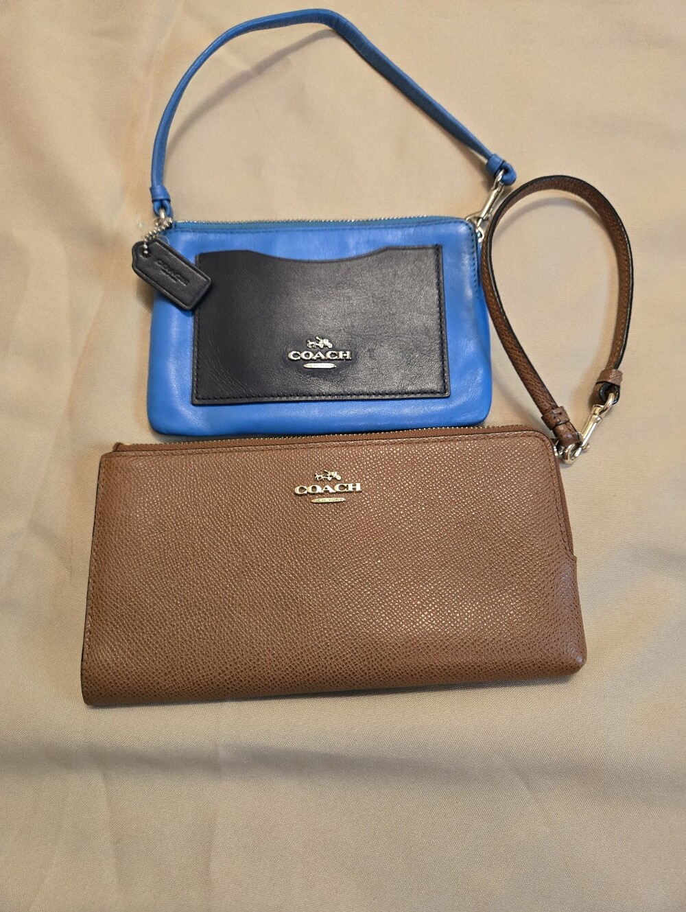 Coach Wristlet Bundle Brown Zip Wallet & Blue Leather Wristlet Pouch